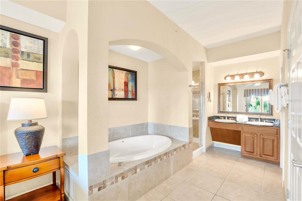 8113 Resort Village Drive, Unit 4405 Orlando, FL 32821 - Photo 6 of 25 a spacious bathroom with a granite countertop tub sink and mirror