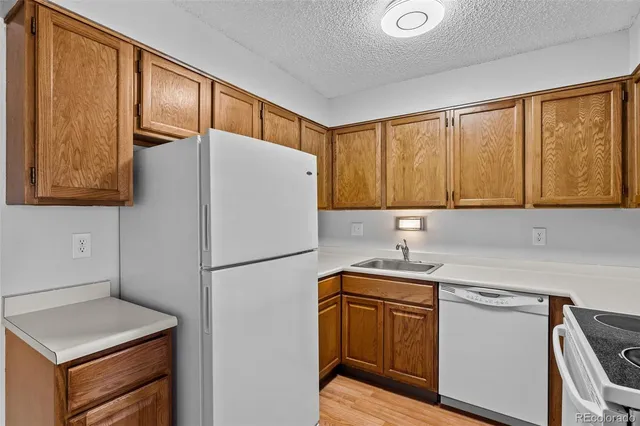 a kitchen with a refrigerator a sink and cabinets