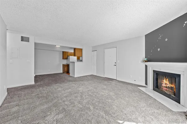 a view of empty room with a fireplace