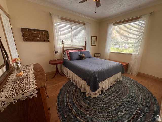 1940 East Shore Road St. Charles, ID 83272 - Photo 27 of 64 Bedroom featuring light wood-type flooring, ceiling fan, ornamental molding, and a textured ceiling