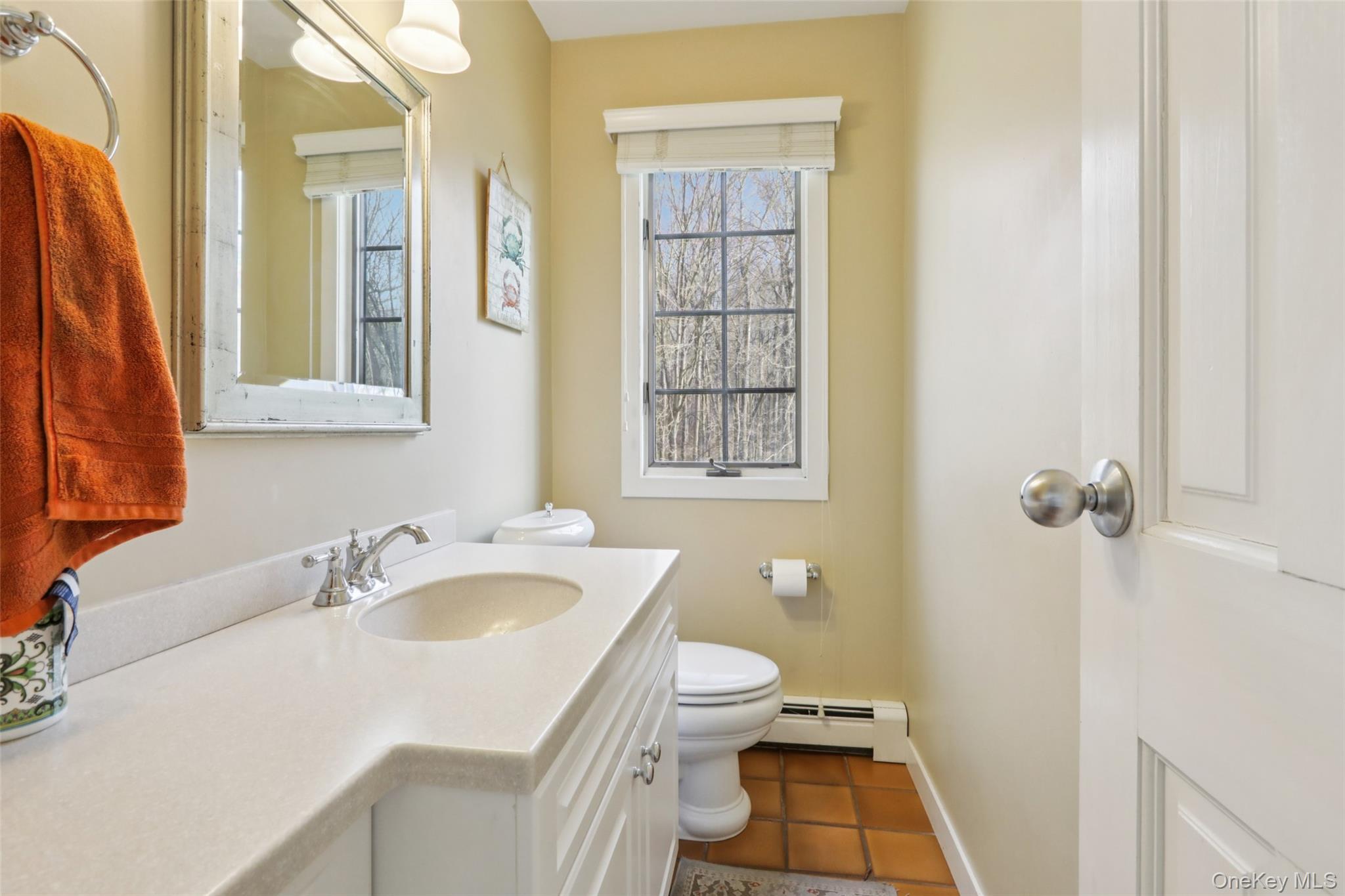 27 Cat Ridge Road North Salem, NY 10560 - Photo 26 of 46 Half bath with vanity, a baseboard heating unit, plenty of natural light, and dark tile patterned flooring