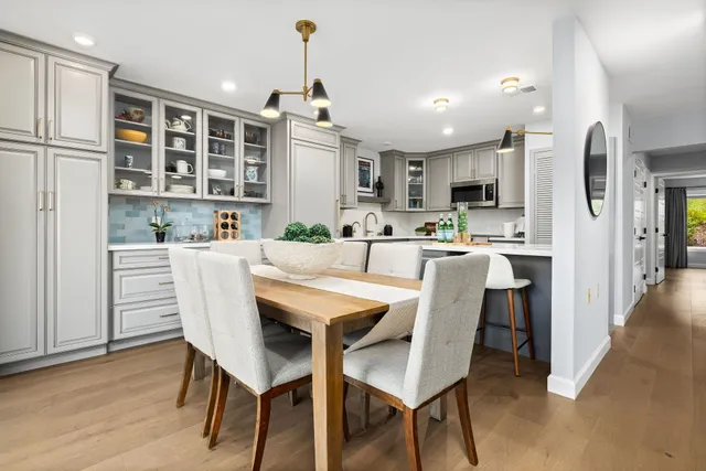a view of a dining room with furniture