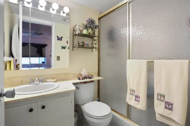 a bathroom with a sink a toilet and shower curtain