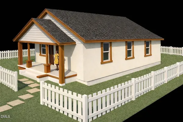 a front view of a house with wooden fence