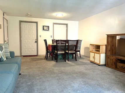 a view of a livingroom with furniture and flat screen tv