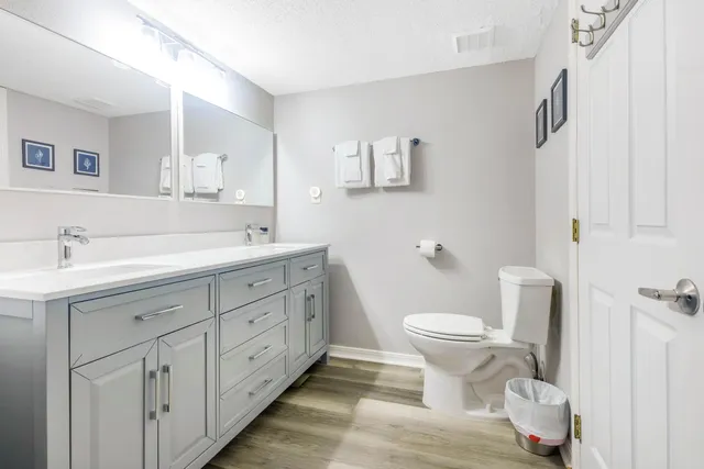 a bathroom with a double vanity sink mirror and toilet