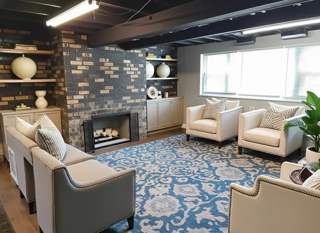 a living room with furniture and a fireplace