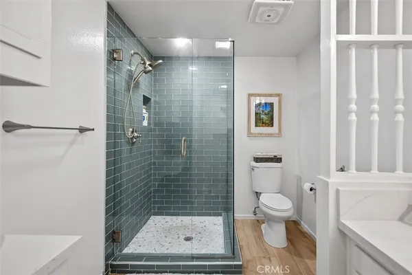 a bathroom with a toilet and a shower