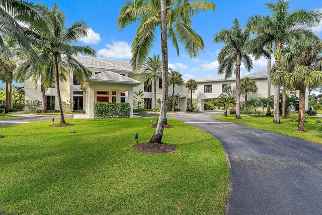 a aerial view of a house with pool plants and large trees