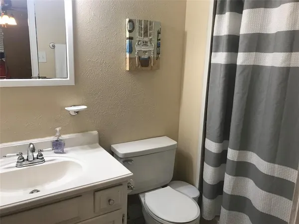 a bathroom with a sink a toilet a mirror and shower curtain