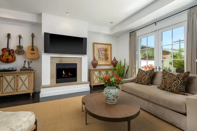 a living room with furniture flower pot and a fireplace