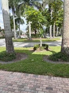 a garden view with a fountain