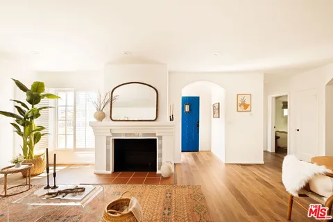 a living room with furniture a fireplace and a potted plant