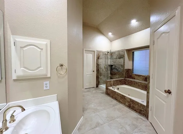a bathroom with a tub a sink and a mirror