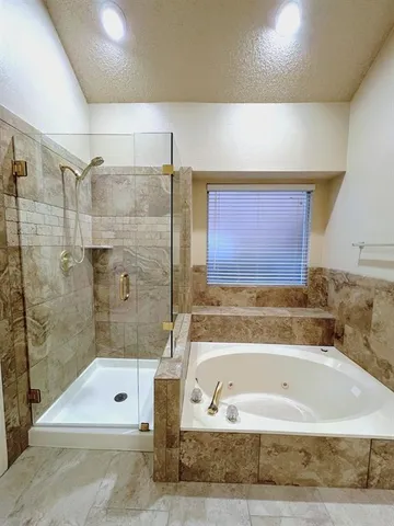 a bathroom with a bathtub and shower