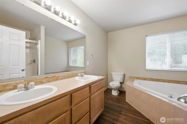 a bathroom with a double vanity sink toilet and a bathtub