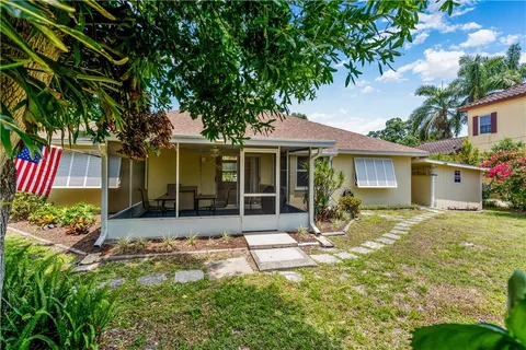 front view of a house with a patio