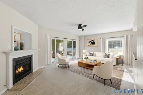 a living room with a fireplace