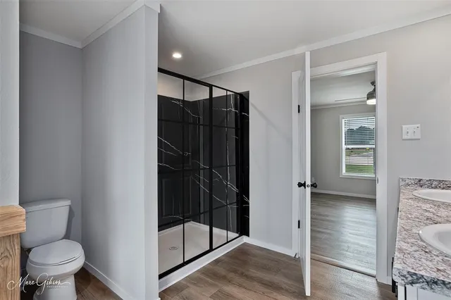 a bathroom with a shower and toilet