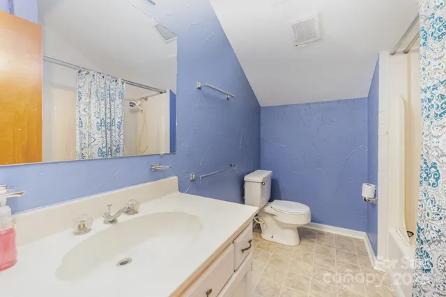 a bathroom with a sink mirror and toilet