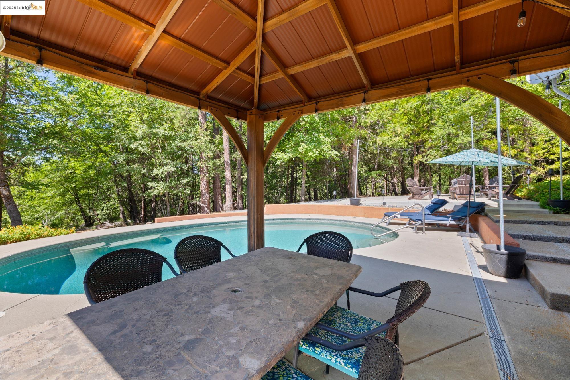 18080 Little Fuller Road Twain Harte, CA 95383 - Photo 33 of 40 Swimming pool featuring a patio area, outdoor dining space, and view of scattered trees