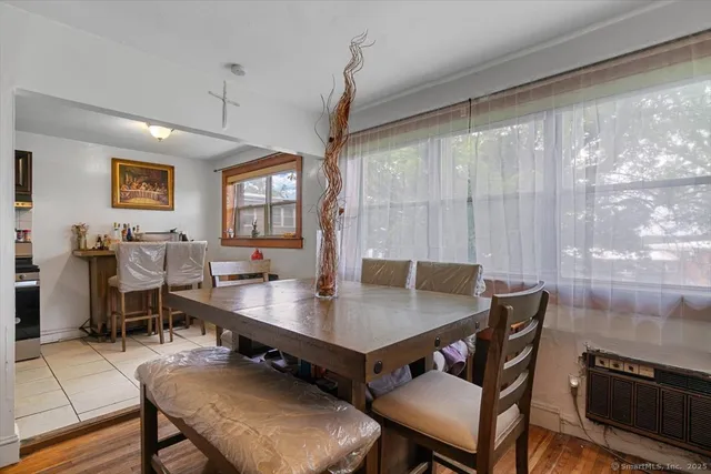 a view of a dining room with furniture