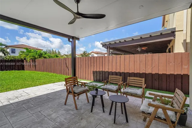 a backyard of a house with table and chairs