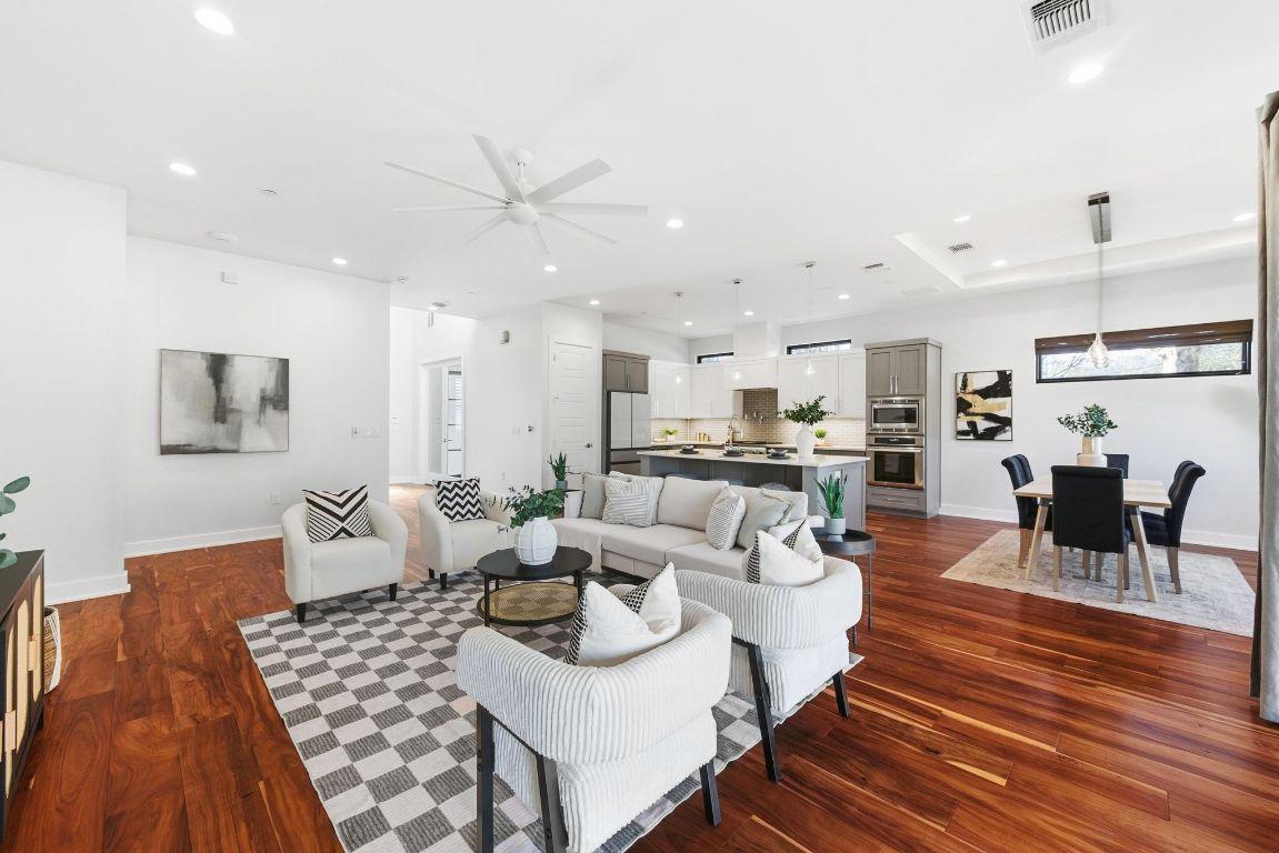 3102 Hunt Trail Austin, TX 78757 - Photo 8 of 38 Living area featuring dark wood-style floors, recessed lighting, and a ceiling fan