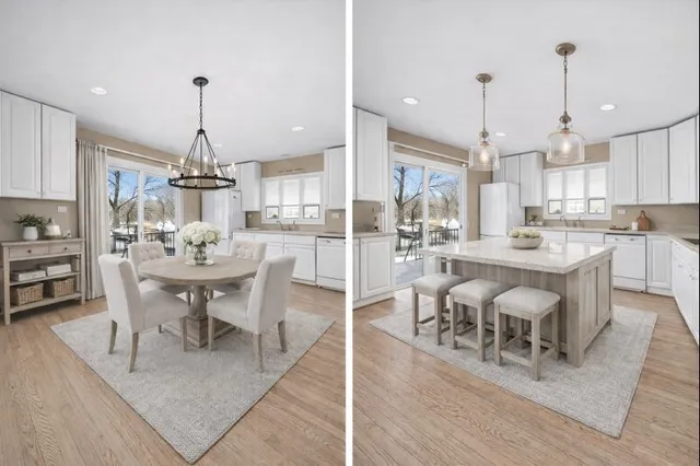 a kitchen with stainless steel appliances granite countertop a refrigerator sink and white cabinets