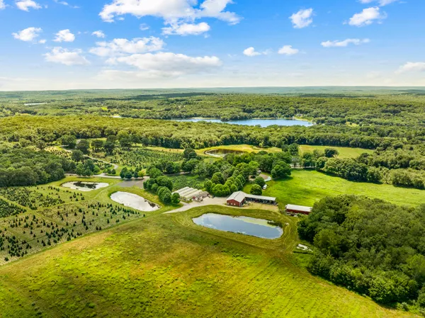 an aerial view of residential houses with outdoor space and trees