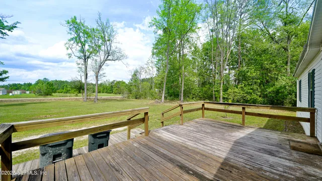 a view of a bench in a park with large trees
