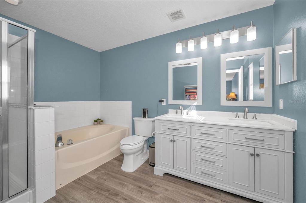 3619 Hatchbend Way Wesley Chapel, FL 33544 - Photo 30 of 86 a bathroom with a toilet a double vanity sink a mirror and a bathtub