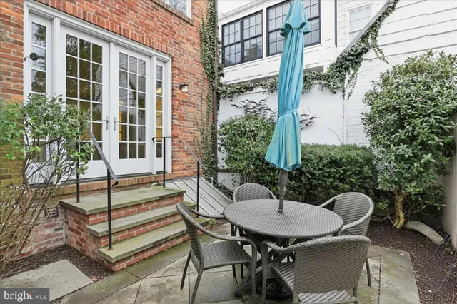 a backyard of a house with table and chairs