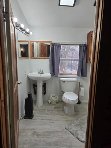 a bathroom with a toilet a sink and mirror