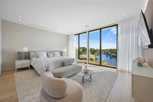 a spacious bedroom with a large bed and a large window