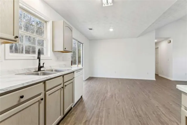 a kitchen with a sink cabinets and wooden floor
