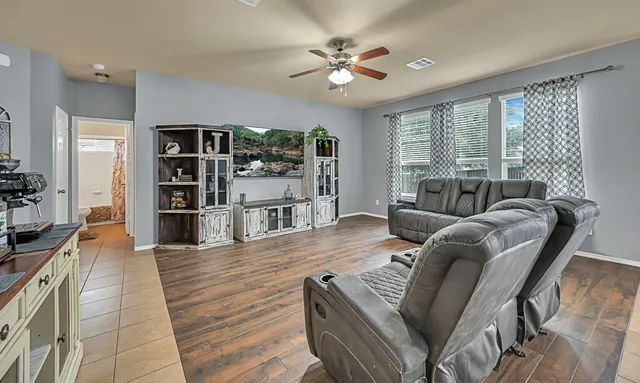 a living room with furniture and a potted plant