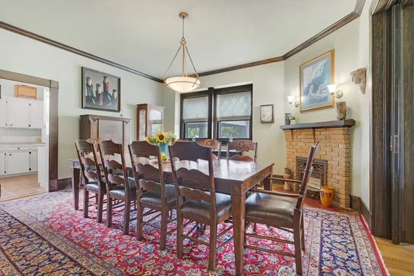 a view of a dining room with furniture