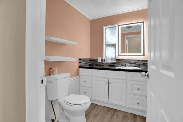 a bathroom with a granite countertop sink and a toilet