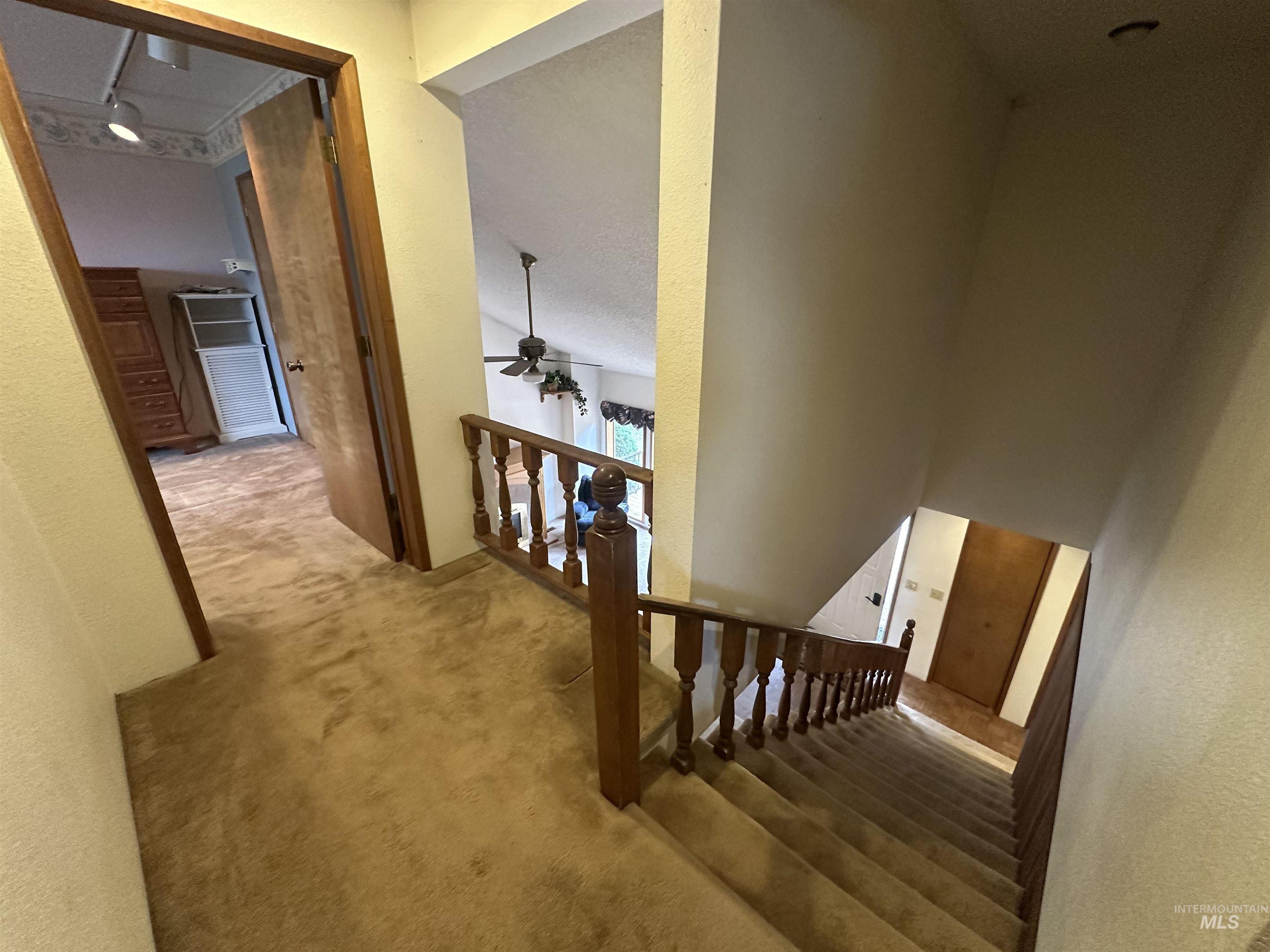 811 Florence Avenue Craigmont, ID 83523 - Photo 27 of 48 Stairs featuring carpet floors, ceiling fan, and a textured wall