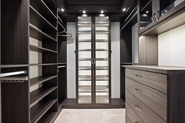 a view of walk in closet with empty racks