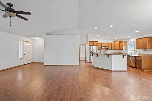 a view of kitchen with wooden floor