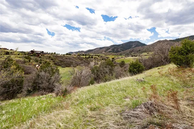 a view of a dry yard with mountains in the background