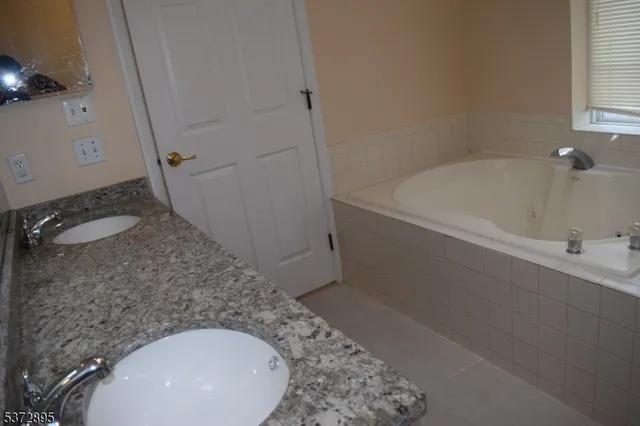 a bathroom with a granite countertop sink and a bathtub