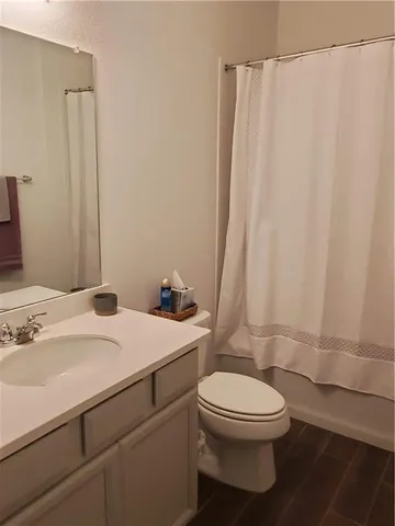 a bathroom with a sink a toilet and shower curtain
