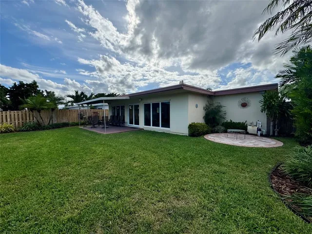 a garden view with a seating space