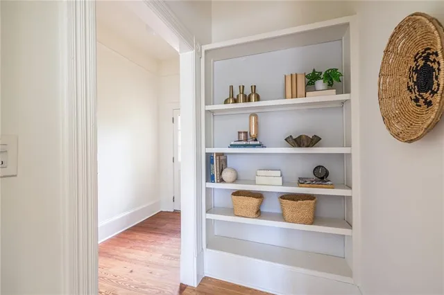 a view of small space with racks on the wall