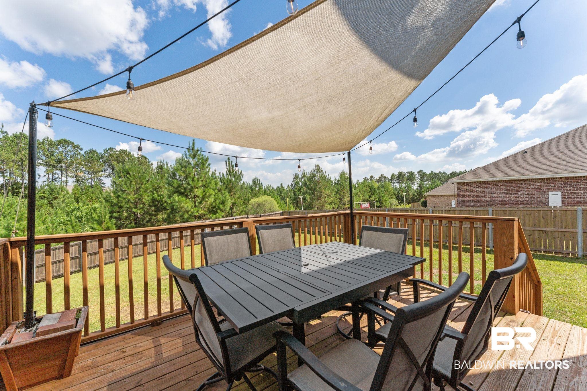 12711 Chickadee Lane Daphne, AL 36527 - Photo 28 of 39 Wooden terrace featuring a fenced backyard, outdoor dining area, and view of wooded area