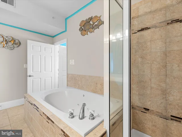a bathroom with a bathtub and a shower