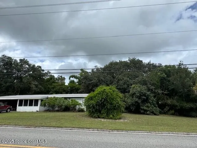 a view of a big yard with plants and large trees